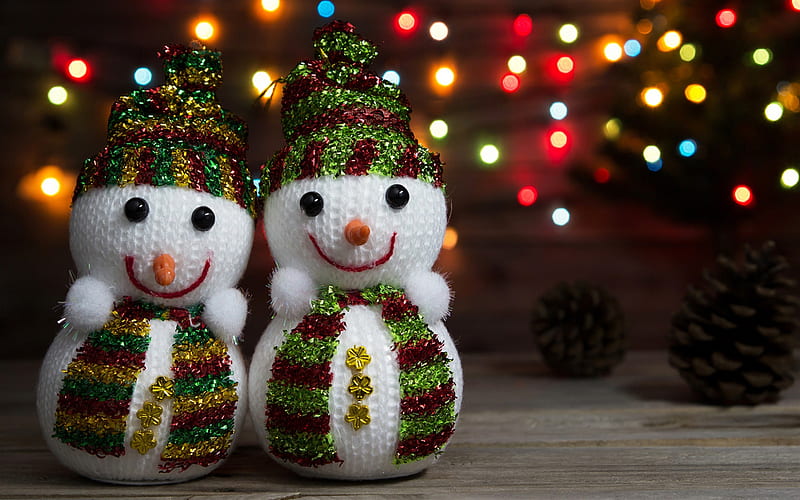 two snowmen, Happy New Year, Christmas lights, xmas decorations, Merry Christmas, New years night, HD wallpaper