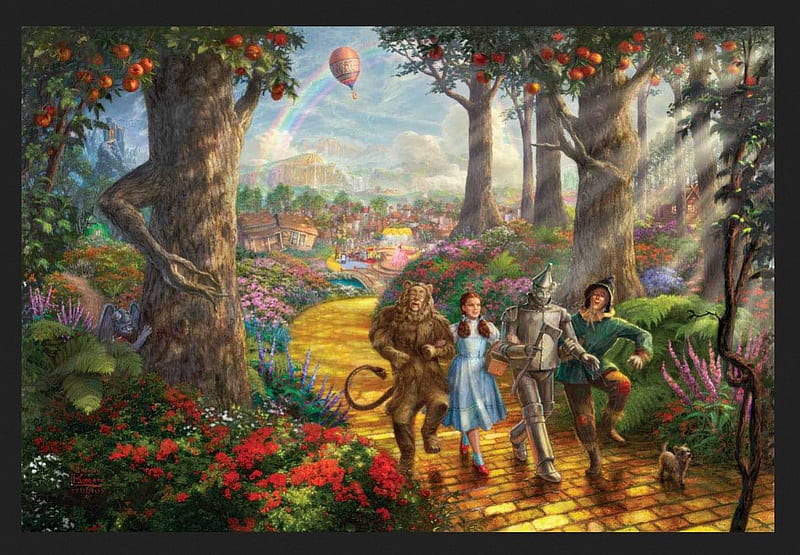 Follow The Yellow Brick Road, Yellow, Wizard Of Oz, painting, Brick, road, Thomas Kinkade, Dorothy, Follow, HD wallpaper