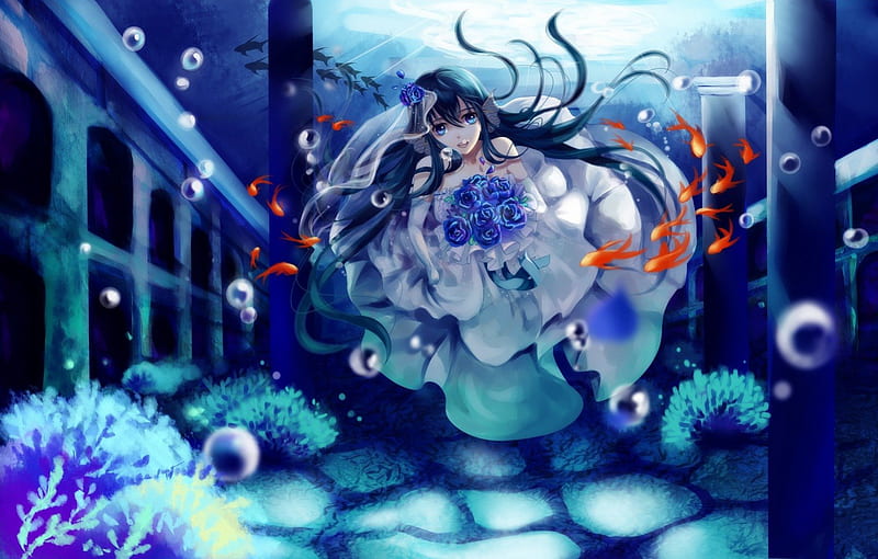 UnderWater Bride, dress, fish, bride, floral, blossom, fantasy, anime, hot, anime girl, wed, underwater, bubble, female, gown, sexy, wedding, cute, water, girl, bouquet, flower, HD wallpaper
