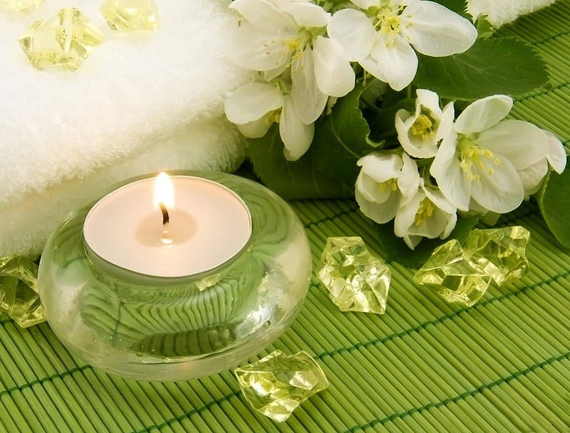 ...AND ONE IN GREEN..., treatment, crystals, magnolia, healing, fragrance, candles, flames, green, spa, flowers, white, HD wallpaper