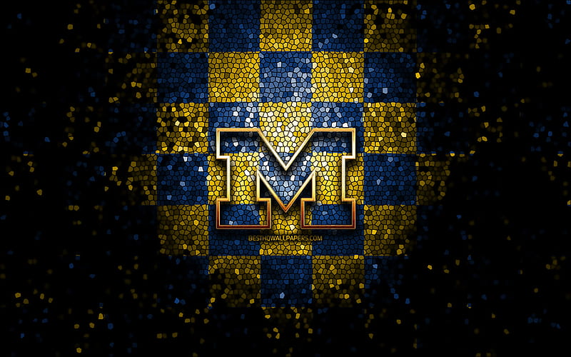 Michigan Wolverines, glitter logo, NCAA, blue yellow checkered background, USA, american football team, Michigan Wolverines logo, mosaic art, american football, America, HD wallpaper