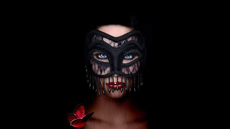 Dramatic Red on Black Mask, artistic, pretty, stunning, 1920x1080, dramatic, bold, breathtaking, bonito, woman, women, feminine, gorgeous, daring, female, lovely, model, mysterious, creative, girl, mask, red on black, HD wallpaper