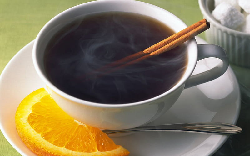 Cup of tea, orange, sugar, slice, cinnamon, cup, tea, HD wallpaper