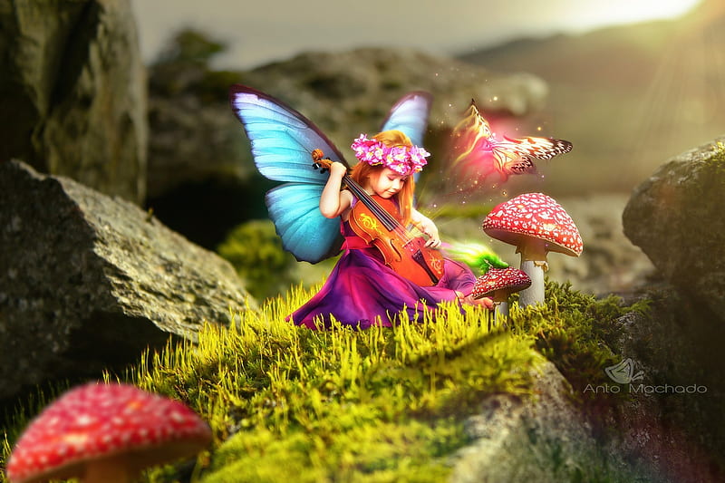 Tune for a change - larva to butterfly, wings, luminos, mushroom, fantasy, butterfly, girl, green, antoshines, pink, fairy, HD wallpaper
