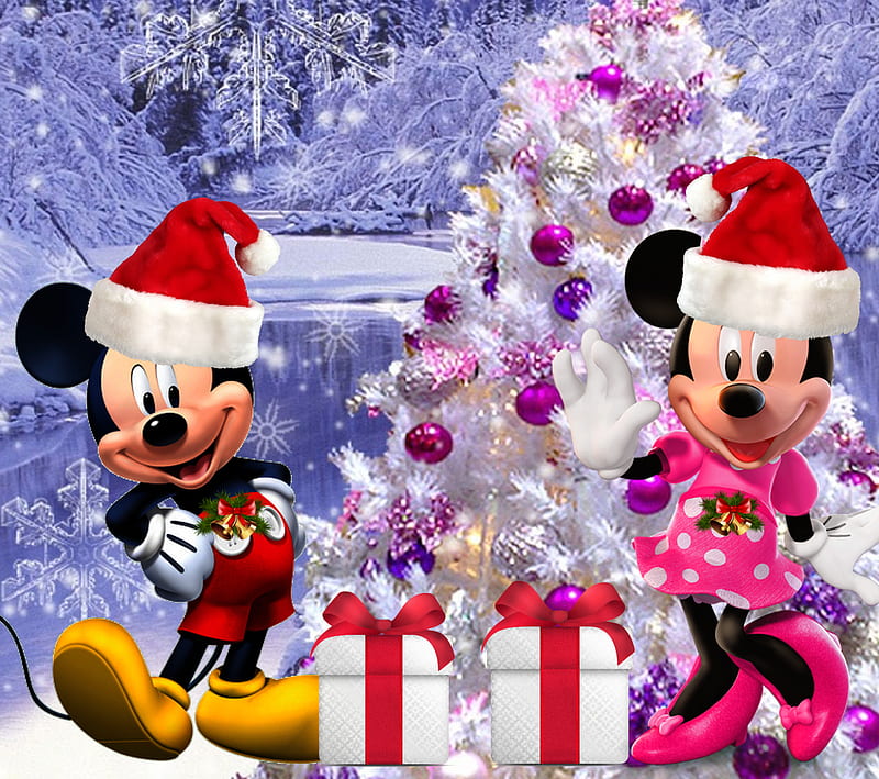 1440x1280px, merry christmas, mickey mouse, minnie, winter, xmas, HD wallpaper