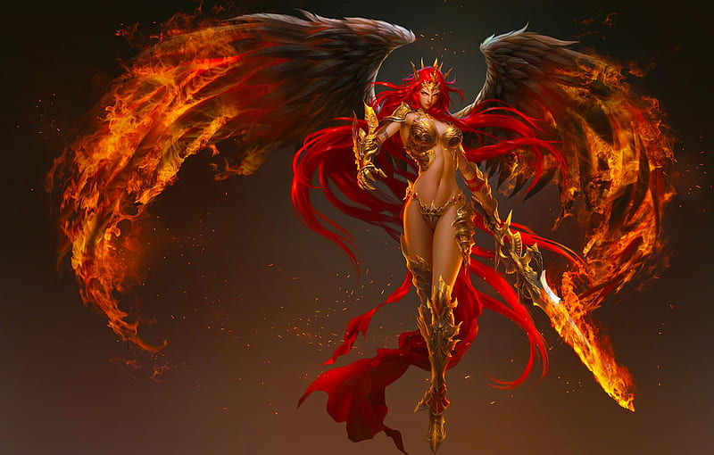 Angel of Vengeance, wings of fire, pretty, art, angel, bonito, woman, fire, fantasy, warrior, girl, digital, sword, HD wallpaper