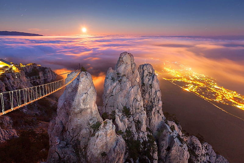 Walk to Heaven, mountain, bridge, ukraine, heaven, top, wooden, HD wallpaper