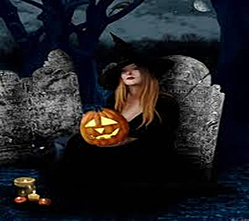 Witch in the Cemetary~, witch, spooky, halloween, pumpkins dark, samhain, HD wallpaper