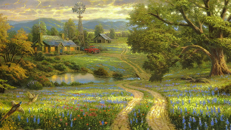 Country Living Painting, House, Nature, Road, Birds, Sky, Trees, Car, Clouds, Flowers, Country, Painting, HD wallpaper
