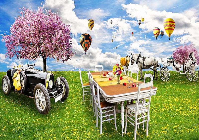 Romantic Picnic, table, tree, car, balloons, chairs, horse, coach, sky, blossoms, HD wallpaper
