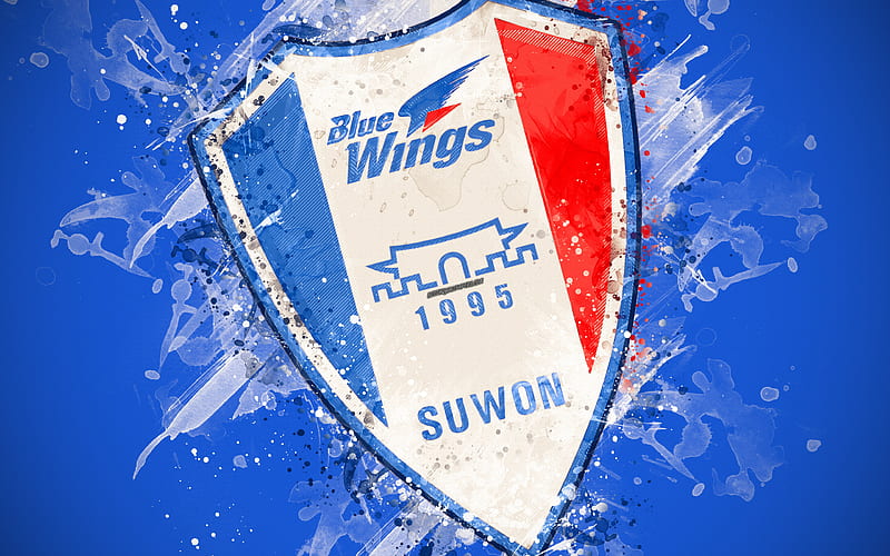 Suwon Samsung Bluewings FC paint art, logo, creative, South Korean football team, K League 1, emblem, blue background, grunge style, Suwon, South Korea, football, HD wallpaper