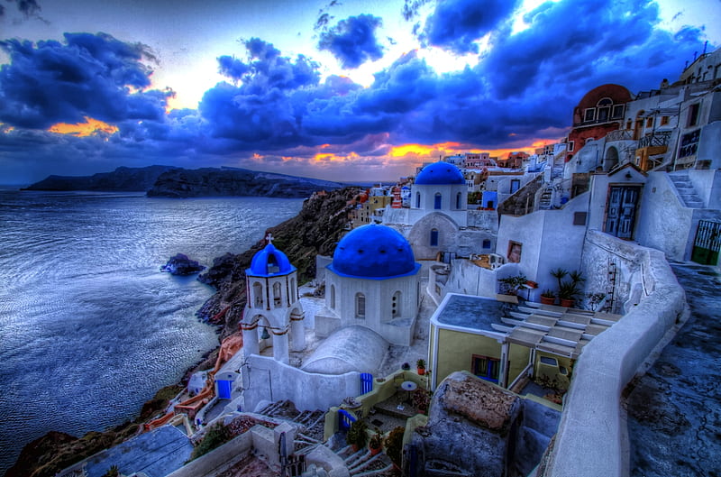 Blue Santorini Sunset, greece, mediterranean, bonito, island, clouds, HD wallpaper