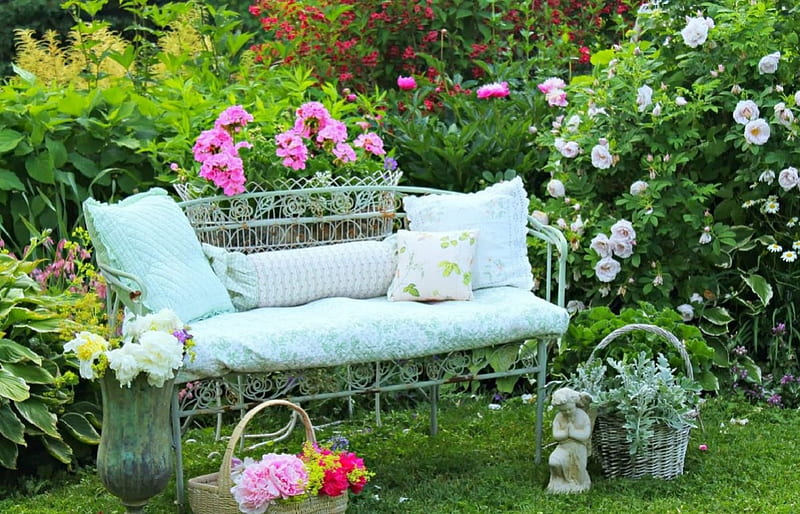 rose garden bench, garden, bench, flowers, roses, HD wallpaper