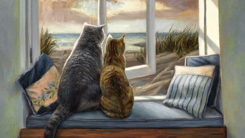 cats-cat-buddies-art-animal-feline-artwork-pet-painting-window-cartoon--kittens, Kissen, Freunde, Cats, Matte, Deutschland, Fenster, HD wallpaper