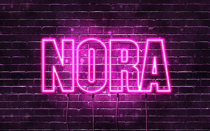 Nora with names, female names, Nora name, purple neon lights, horizontal text, with Nora name, HD wallpaper