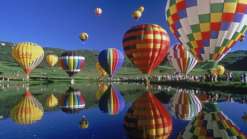 beautiful balloons, colorful, vehicle, flight, hot air balloons, fly, graphy, water, balloons, nature, reflections, HD wallpaper