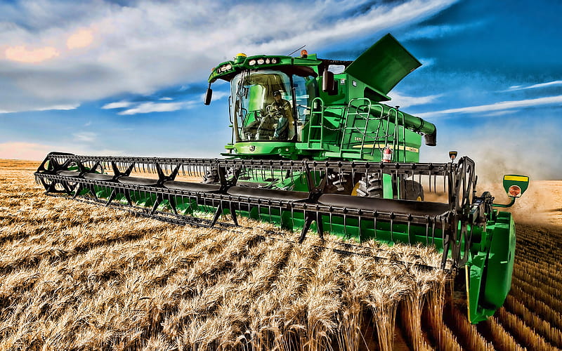 John Deere S670, grain harvesting, 2019 combines​, wheat harvest, agricultural machinery, R, combine harvester, 645FD, Combine​ in the field, agriculture, John Deere, HD wallpaper