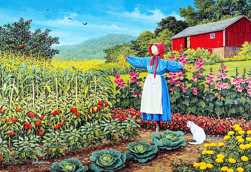 A Job Well Done, flowers, vegetables, scarecrow, painting, garden, trees, HD wallpaper