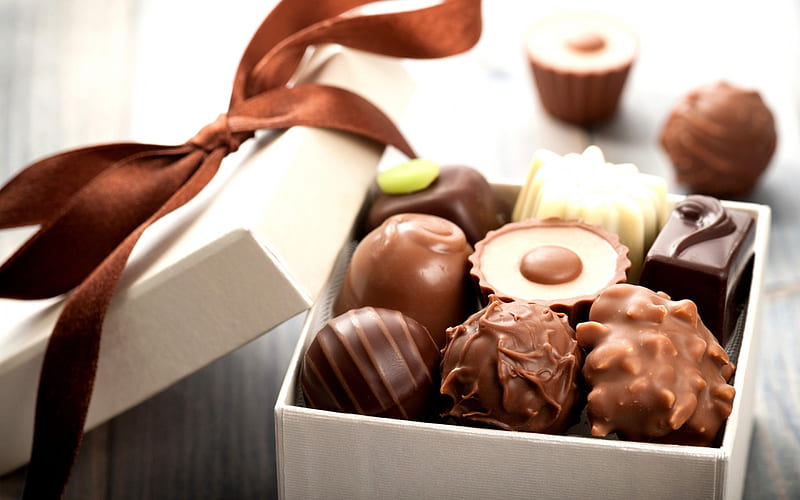 Chocolates, brown, food, chocolate, box, bow, gift, sweet, dessert, truffles, white, HD wallpaper