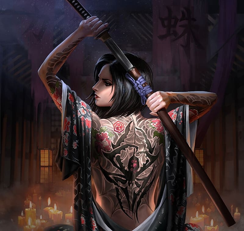 Spider, tattoo, girl, katana, japanese, art, sword, asian, agri karuniawan, fantasy, HD wallpaper