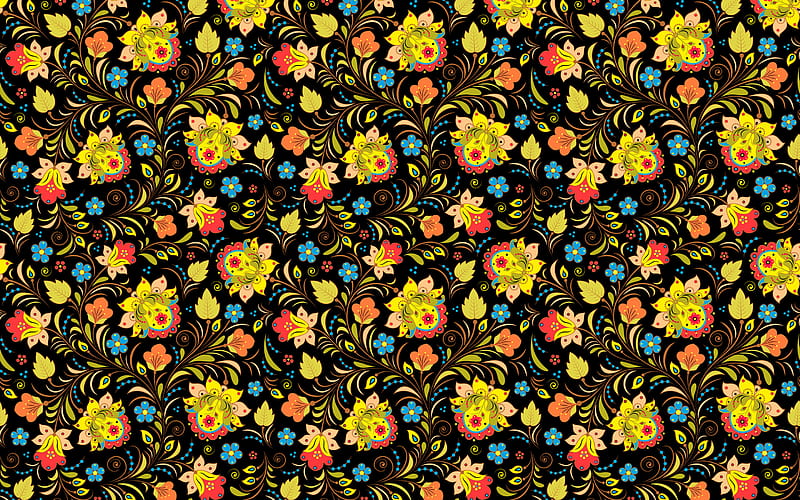 yellow flowers pattern floral patterns, background with flowers, decorative art, abstract flowers pattern, floral textures, HD wallpaper
