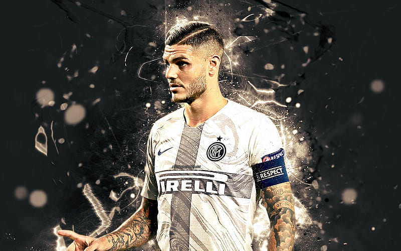 Icardi, white uniform, Internazionale FC, close-up, argentine footballers, Serie A, Mauro Icardi, football, soccer, Italy, neon lights, Inter Milan FC, HD wallpaper