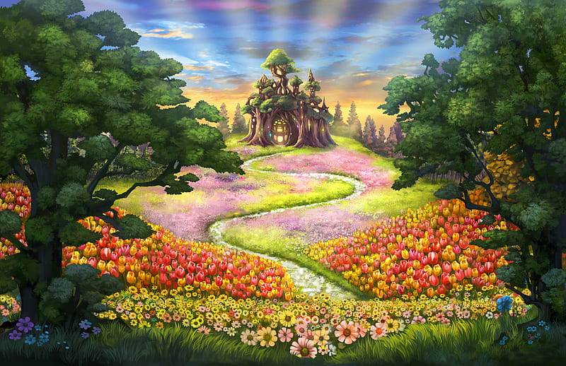 Dreamy Castle, forest, scenic, bonito, trees, tale, painting, tales, flowers, hill, fairy, field, HD wallpaper
