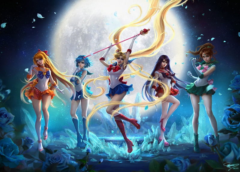 Sailors, red, pretty, Sailor Moon, orange, bonito, woman, sweet, moon, green, anime, full moon, beauty, anime girl, long hair, pink, blue, night, female, lovely, uniforms, black, girl, lady, white, HD wallpaper