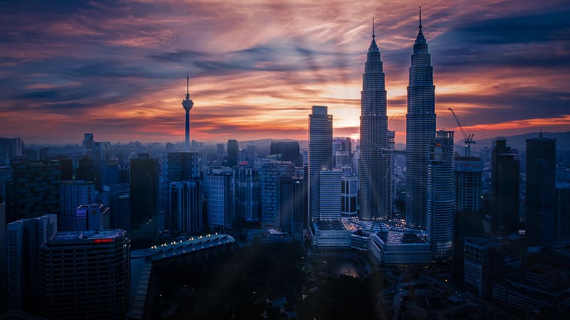 City, Skyscraper, Building, Sunrise, Cityscape, Kuala Lumpur, Malaysia, , Petronas Towers, HD wallpaper