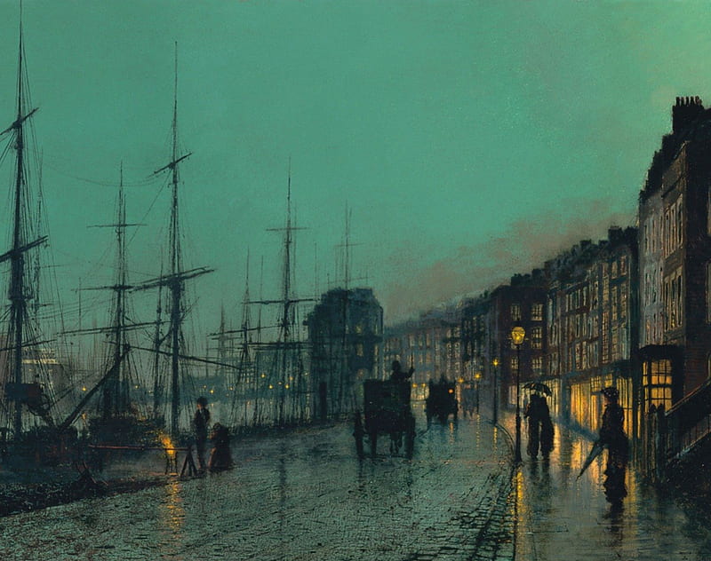 John Atkinson Grimshaw - Shipping on the Clyde, 1881, britain, waterfront, nineteenth century, painting, dusk, HD wallpaper