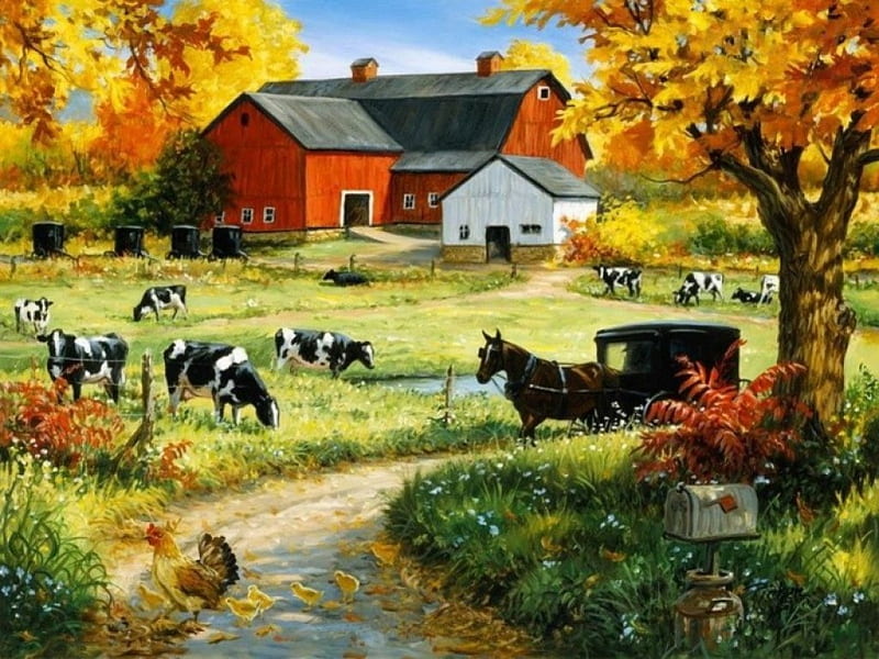 Sunday Stroll, countryside, house, painting, horse, coach, artwork, cows, barn, HD wallpaper