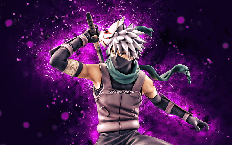 Kakashi Hatake, 3D art, violet neon lights Naruto, artwork, Sharingan, Hatake Kakashi, samurai, Naruto characters, manga, HD wallpaper