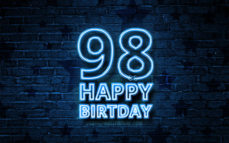 Happy 98 Years Birtay blue neon text, 98th Birtay Party, blue brickwall, Happy 98th birtay, Birtay concept, Birtay Party, 98th Birtay, HD wallpaper