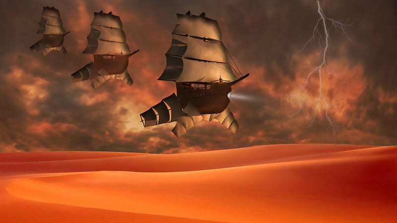Time, ships, desert, sky, background, HD wallpaper