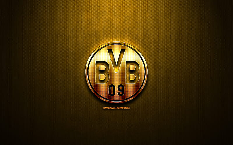Borussia Dortmund FC, yelow metal background, Bundesliga, german football club, fan art, Borussia Dortmund logo, football, soccer, BVB, Germany, HD wallpaper