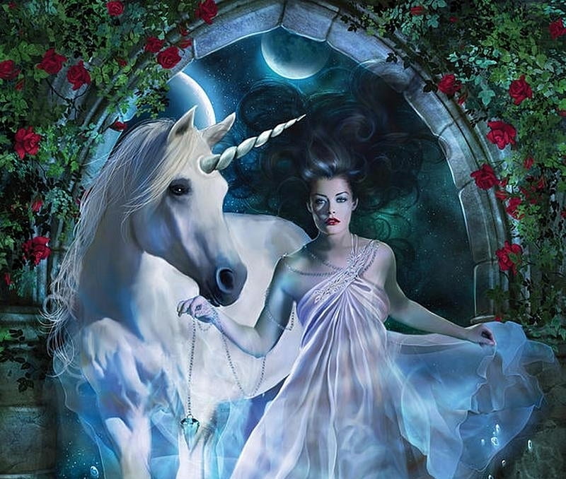 Unicorn and princess, frumusete, moon, luminos, rose, unicorn, drazenka kimpel, fantasy, moon, girl, flower, princess, white, blue, HD wallpaper