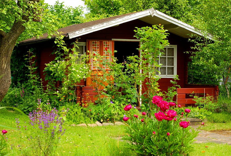 Pretty house, pretty, house, cottage, home, cabin, bonito, villa, nice, flowers, forest, lovely, place, trees, yard, serenity, peaceful, summer, garden, nature, wooden, HD wallpaper