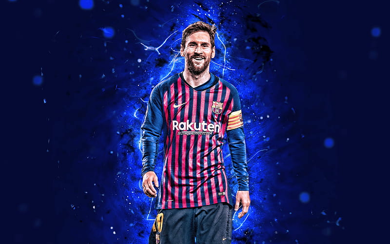 Messi, Barcelona FC, joy, argentinian footballers, FCB, La Liga, Lionel Messi, Leo Messi, neon lights, football stars, LaLiga, Barca, soccer, Spain, HD wallpaper