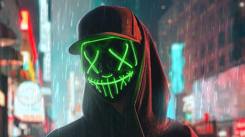 Hoodie Boy Green Glowing Mask , hoodie, boy, mask, artist, artwork, digital-art, HD wallpaper