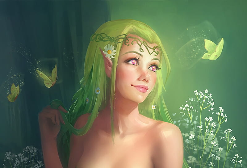 Fairy, art, fantasy, luminos, green, butterfly, girl, madeleine bellwoar, HD wallpaper