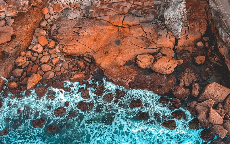rock, ocean, Bondi Beach, Aerial view, coast, waves, view from above, Sydney, New South Wales, Australia, HD wallpaper