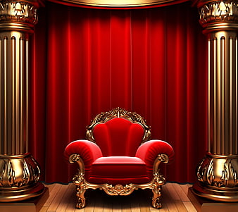 Kings Chair, chair, curtains, gold, king, queen, red, HD wallpaper