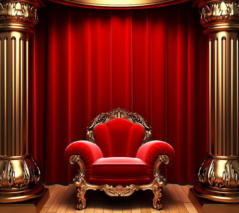 Kings Chair, chair, curtains, gold, king, queen, red, HD wallpaper