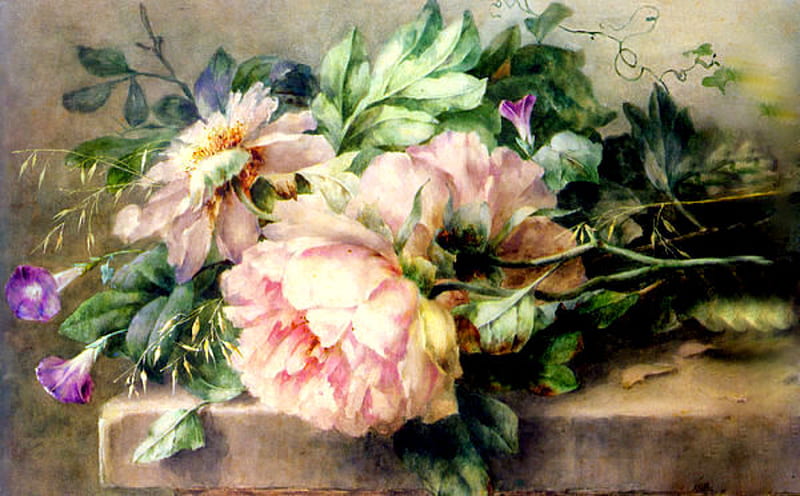 Peonies And Morning Glory Still, table top, leaves, purple morning glories, painting, pink peonies, peonies, HD wallpaper
