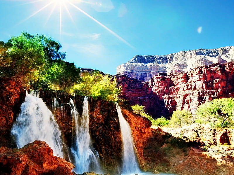 Canyon Waterfall, rocks sun, sundown, nice, stones, multicolor, landscapes, bright, paisage, sunbeam, brightness, waterfalls, sunrays, bonito, leaves, green, scenery, beije, blue, foam, maroon, paisagem, day, nature, branches, pc, scene, orange, clouds, cenario, lightness, scenario, shadows, beauty, rivers, paysage, cena, black, trees, sky, canyons, panorama, water, cool, awesome, sunshine, hop, colorful, brown, gray, sunny, trunks, valley graphy, cascades, light, amazing, old rocks multi-coloured, view, colors, leaf, plants, colours, natural, HD wallpaper