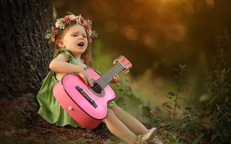 Little Girl, Play, Girl, Guitar, Wreath, HD wallpaper