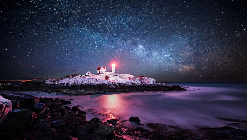 lighthouse on a rocky point under starry night, rocks, stars, cost, lighthouse, sea, night, HD wallpaper