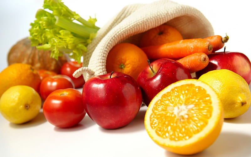 Fruits and vegetables, apple, orange, tomatoe, fruits, vegetables, HD wallpaper