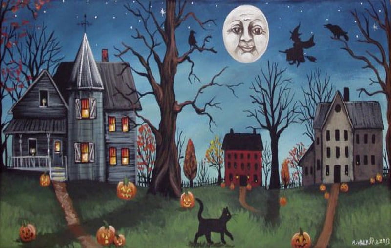 Halloween Night, witch, moon, houses, cat, pumpkins, HD wallpaper | Peakpx
