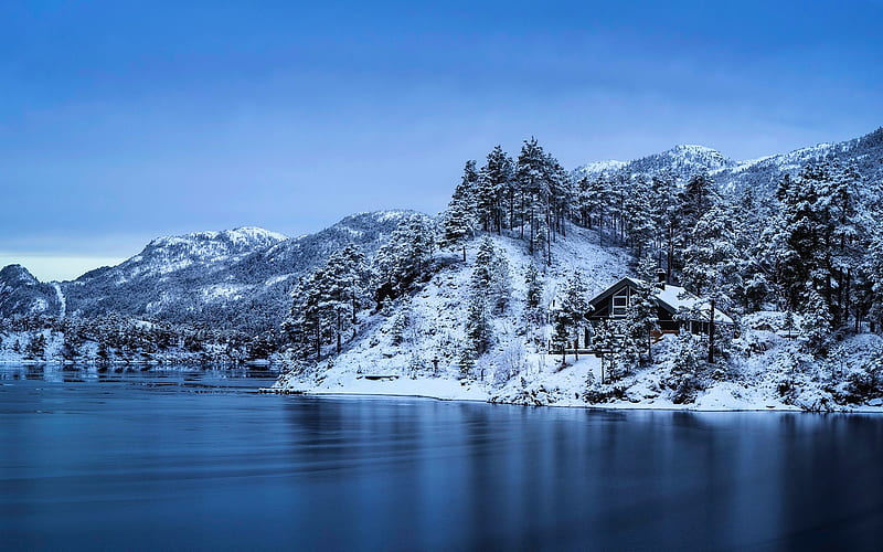 Lofoten, Norwegian Sea, winter landscape, mountains, winter, Norway, Lofoten Islands, HD wallpaper